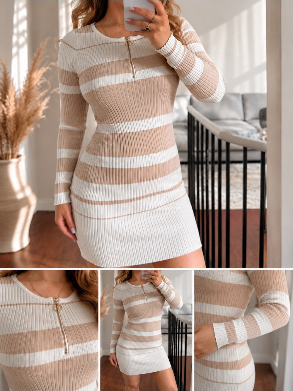 No Boundaries Ribbed Long Sleeve Sweater Dress in Beige and Cream